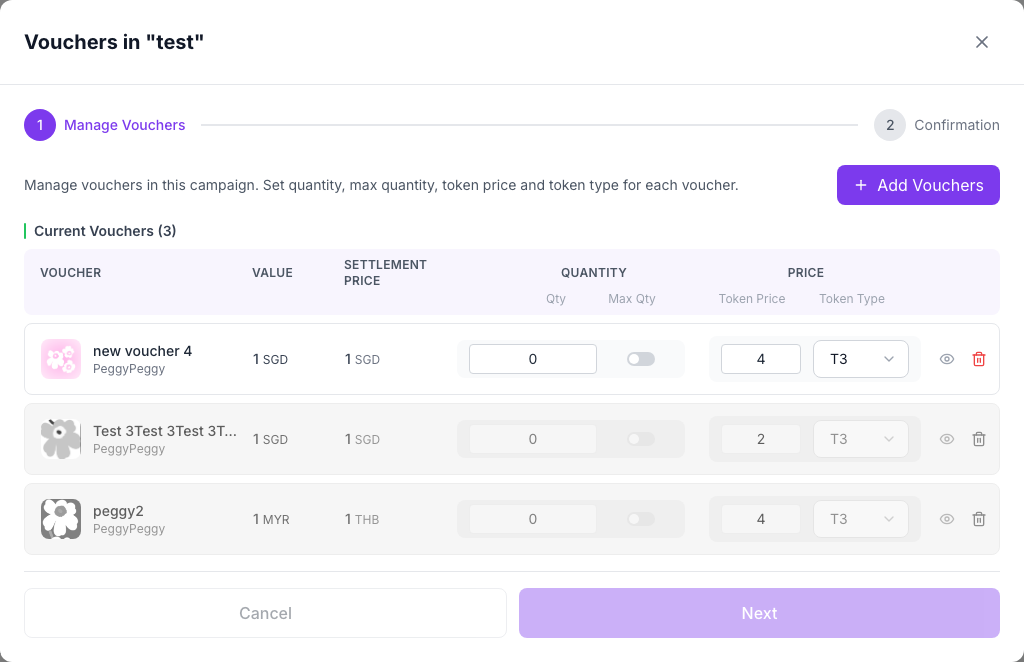 Campaigns — Manage Vouchers modal