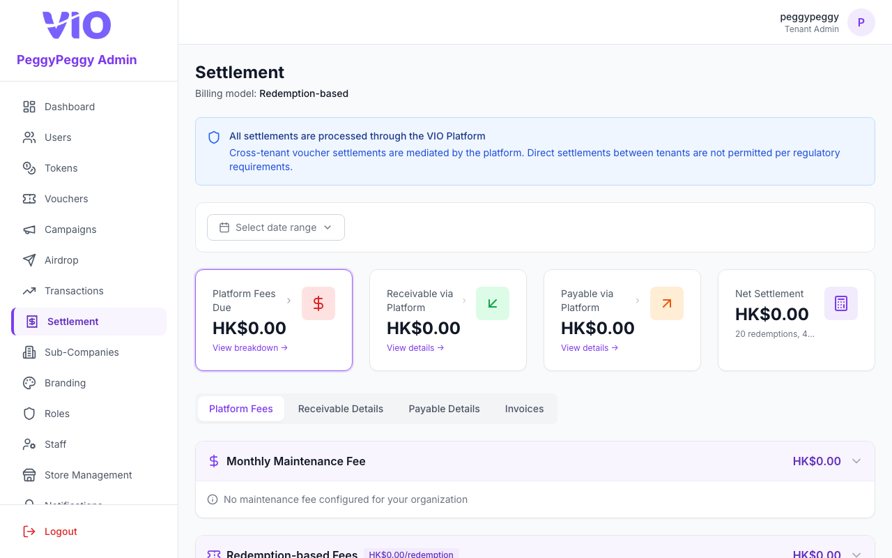 Settlement — Platform Fees tab