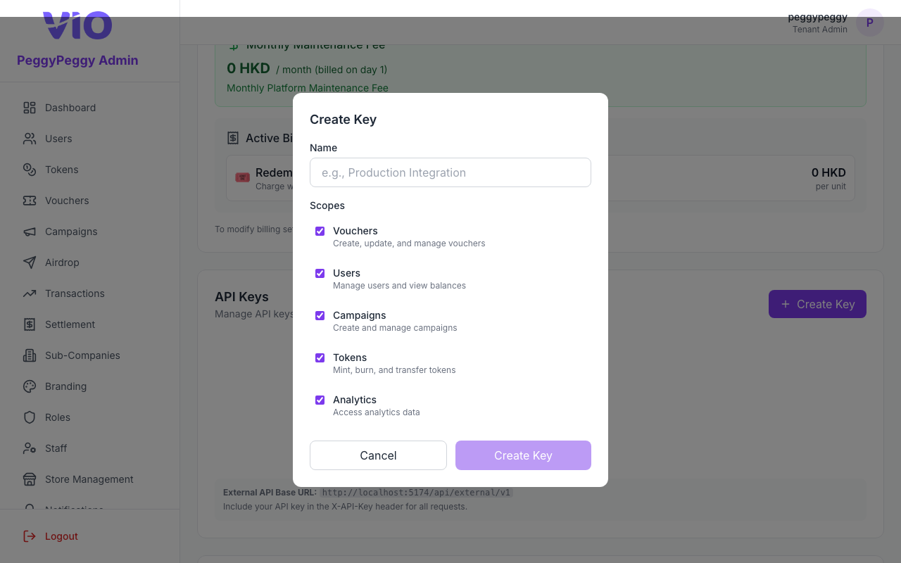 Settings — Create API key